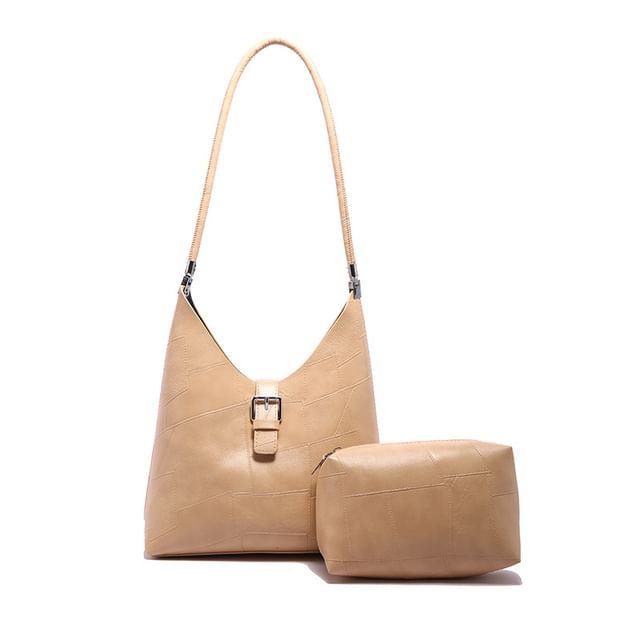 Set: Faux Leather Buckled Tote Bag + Pouch