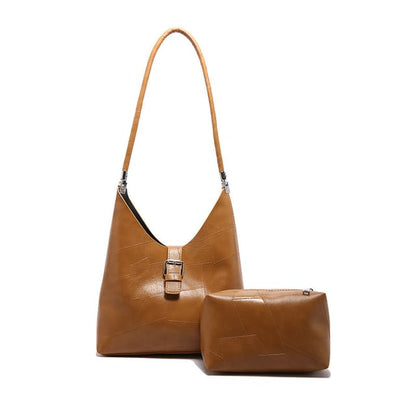 Set: Faux Leather Buckled Tote Bag + Pouch