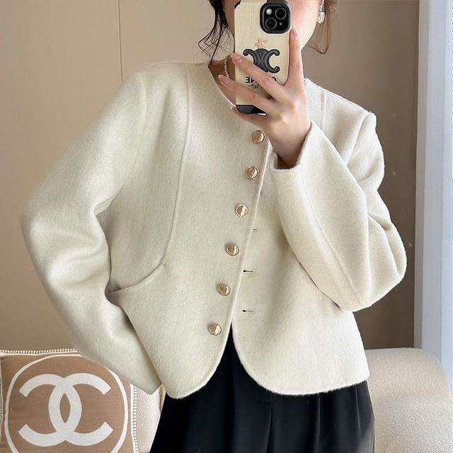 Long Sleeve Round Neck Button Up Wool Blend Jacket