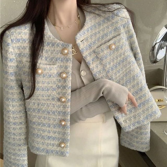 Long Sleeve Round Neck Tweed Pearl Button Cropped Jacket