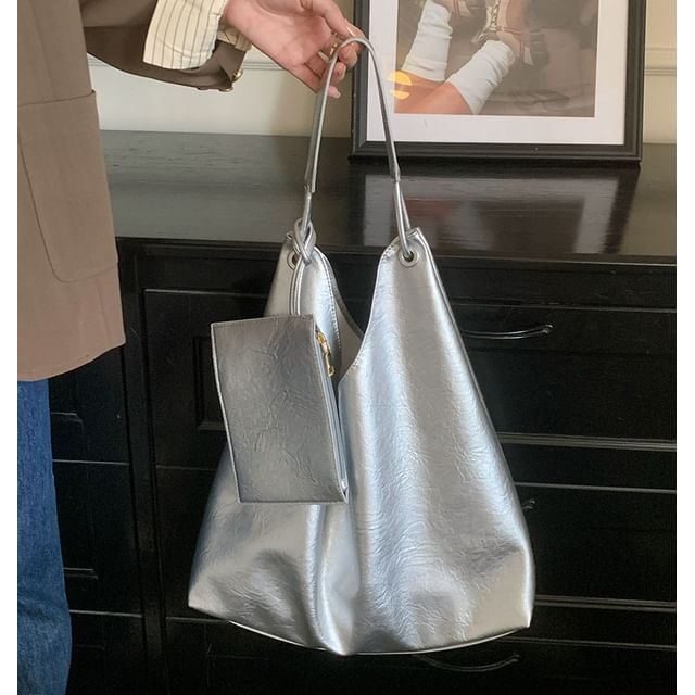 Bag Leather Tote Faux With Pouch Plain