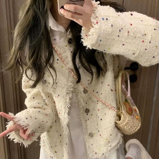 Long Sleeve Melange Tweed Tassel Jacket