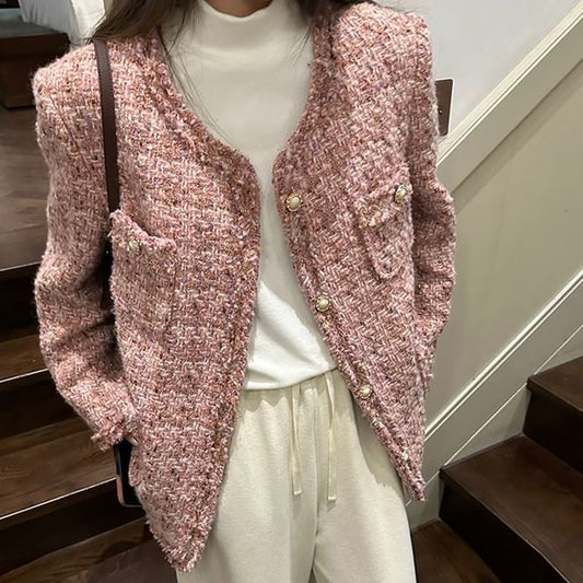 Long Sleeve Pearl Button Tweed Blazer