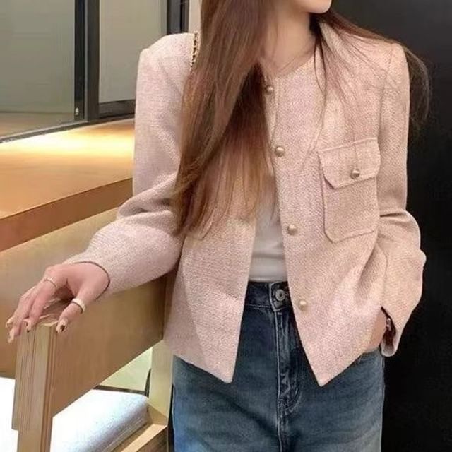 Long Sleeve Round Neck Tweed Jacket