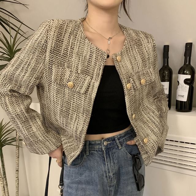 Long Sleeve Round Neck Cropped Tweed Jacket