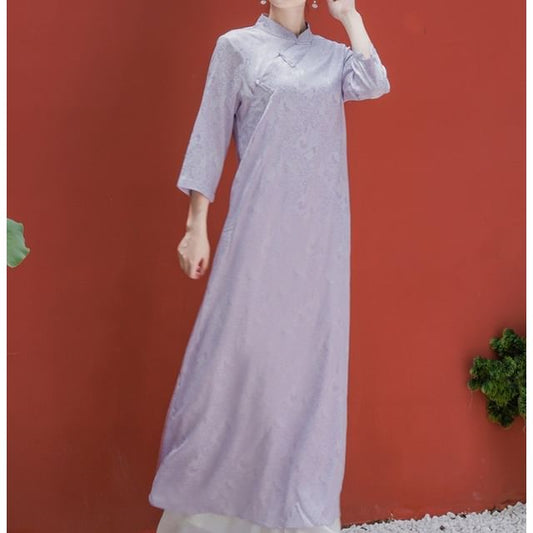 Traditional Chinese Long-Sleeve Print Maxi A-Line Dress / Wide Leg Pants