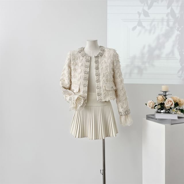 Lace Cuff Round Neck Beaded Tweed Hook And Eye Jacket / High Waist Plain Accordion Pleated Mini A-Line Skirt