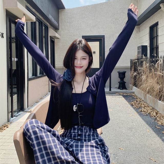 High Waist Plaid Baggy Pants, Solid Cardigan, Crop Camisole Top Set