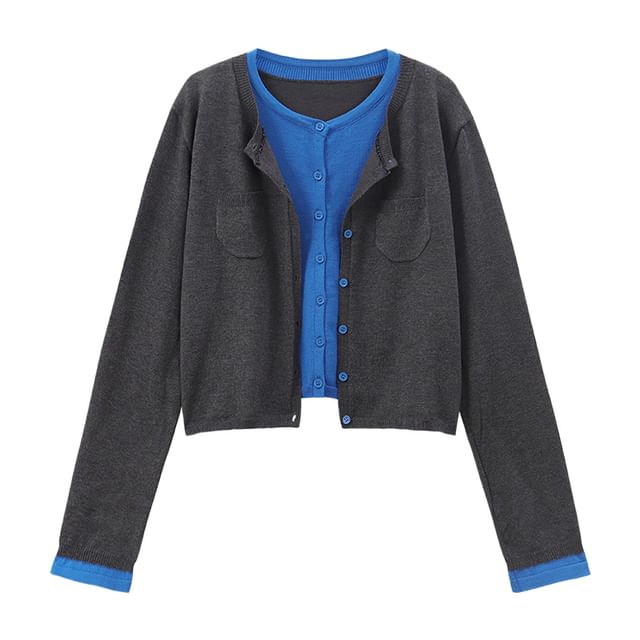 Solid Button Cardigan and Dotted Mini Skirt Set