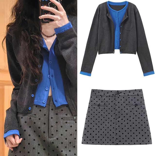 Solid Button Cardigan and Dotted Mini Skirt Set