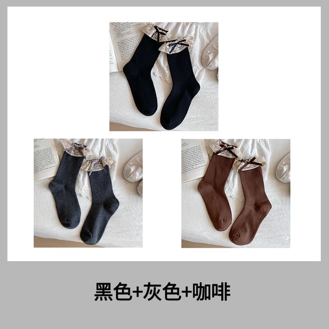 Bow Lace Trim Ribbed Socks / Set