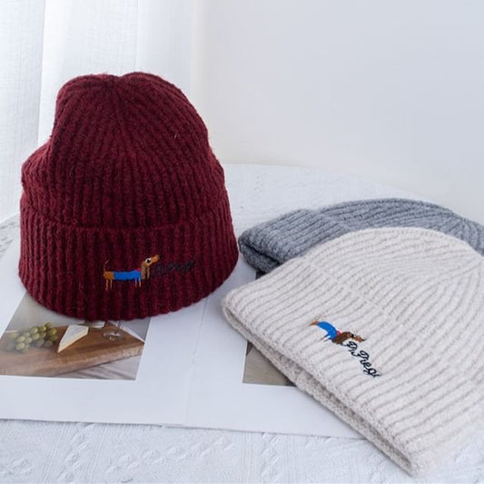 Embroidered Dog Beanie Knit