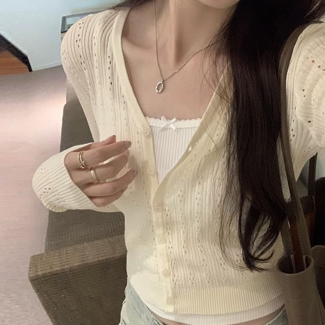 Plain Button-Up Cardigan V-Neck