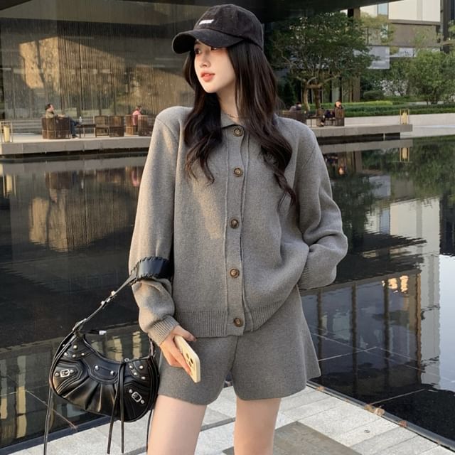 Solid Button Cardigan and Knit Shorts Set