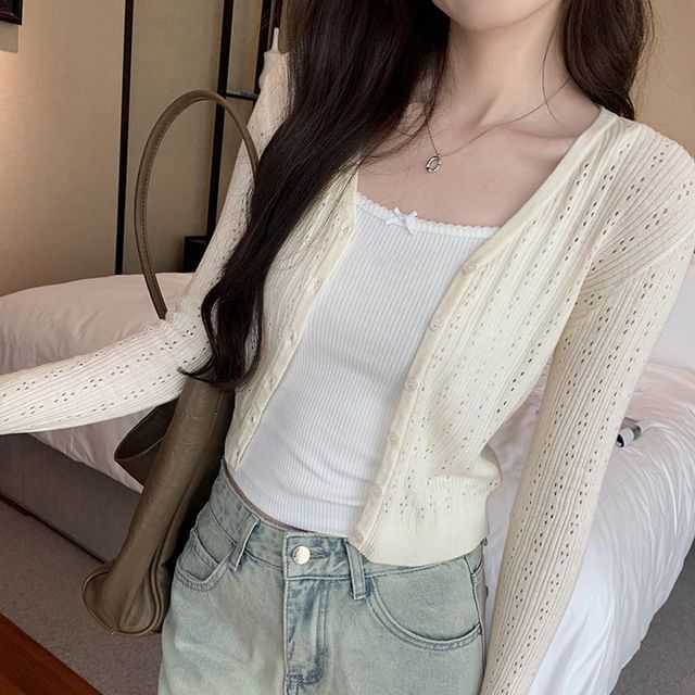 Plain Button-Up Cardigan V-Neck