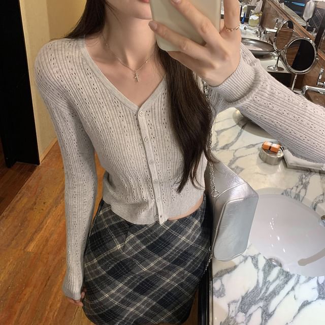 Plain Button-Up Cardigan V-Neck