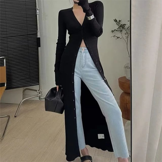 Button-Front Solid Long Knit Cardigan
