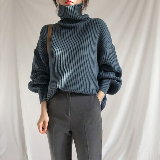 Bubble-Sleeve High-Neck Ribbed Sweater