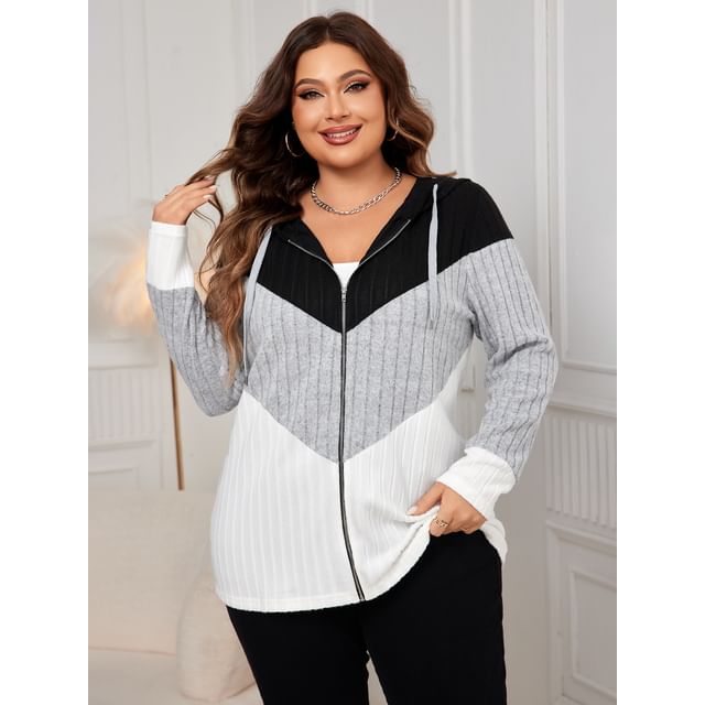 Color Block Hood Ribbed Zip Up Sweater