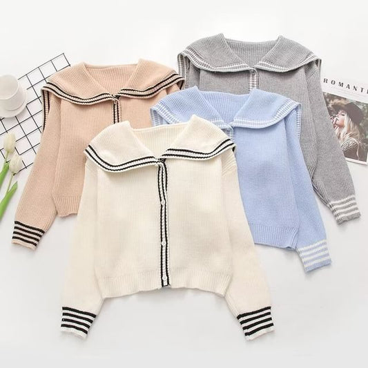 Collared Long Sleeve Striped Trim Button Crop Jacket