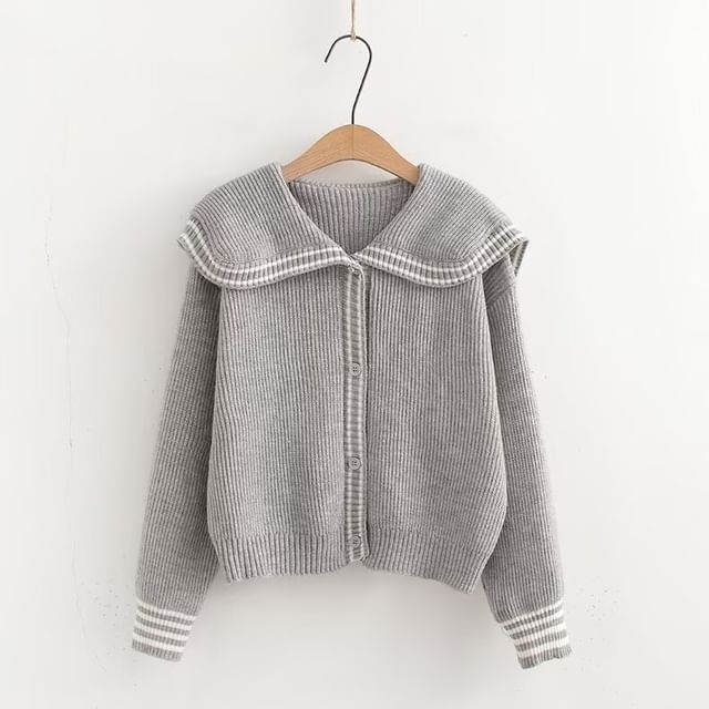 Collared Long Sleeve Striped Trim Button Crop Jacket