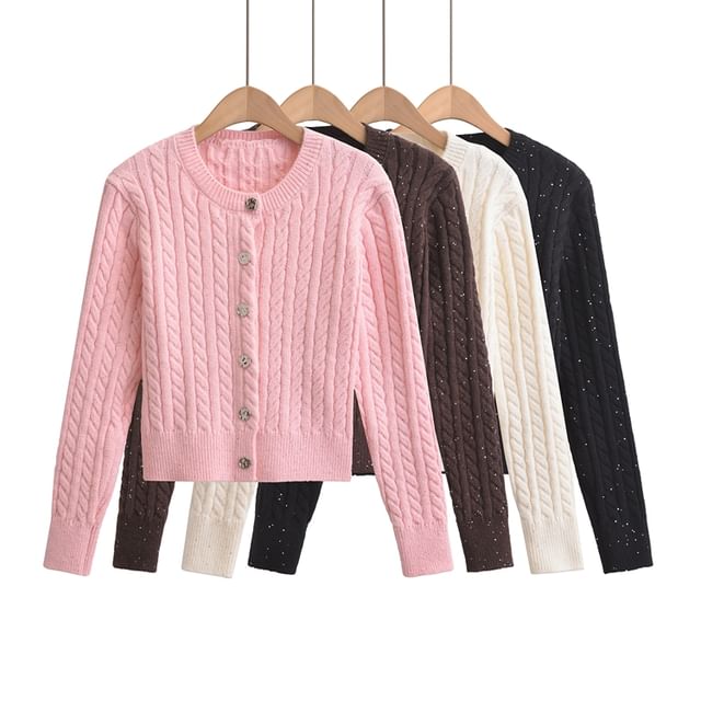 Crew Neck Solid Sequin Cable Knit Button Crop Sweater