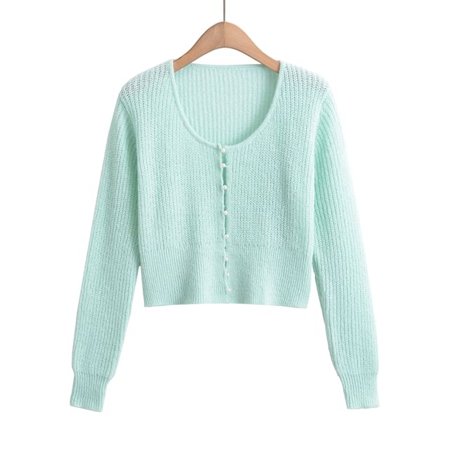 Scoop Neck Solid Sequin Faux Pearl Buttoned Crop Sweater