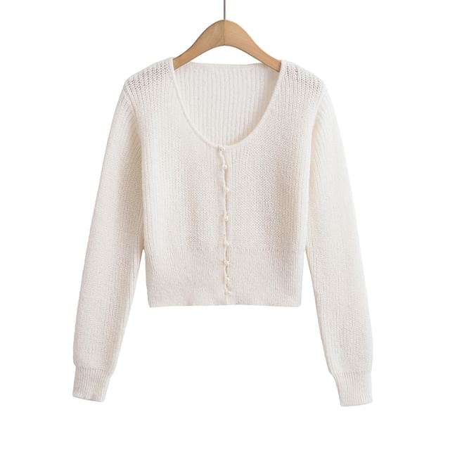 Scoop Neck Solid Sequin Faux Pearl Buttoned Crop Sweater