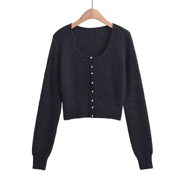 Scoop Neck Solid Sequin Faux Pearl Buttoned Crop Sweater