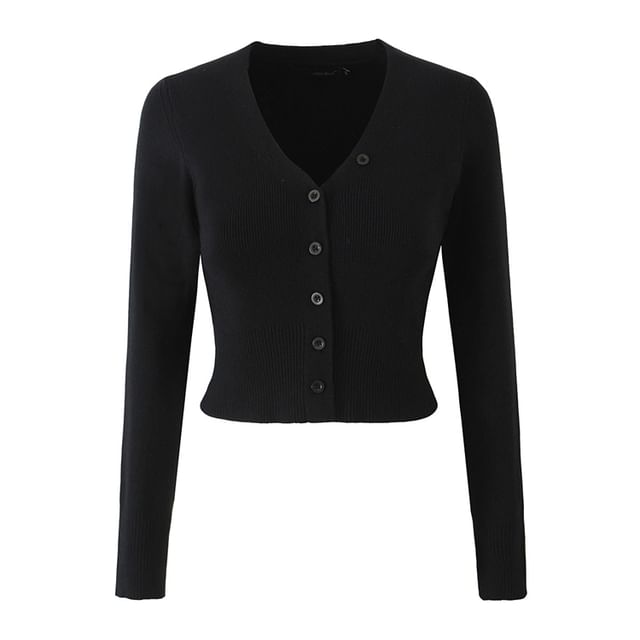V-Neck Solid Button Crop Cardigan and High Waist Mini Pencil Skirt Set