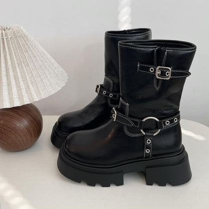 Contrast Stitching Buckled Platform Chunky Heel Short Boots