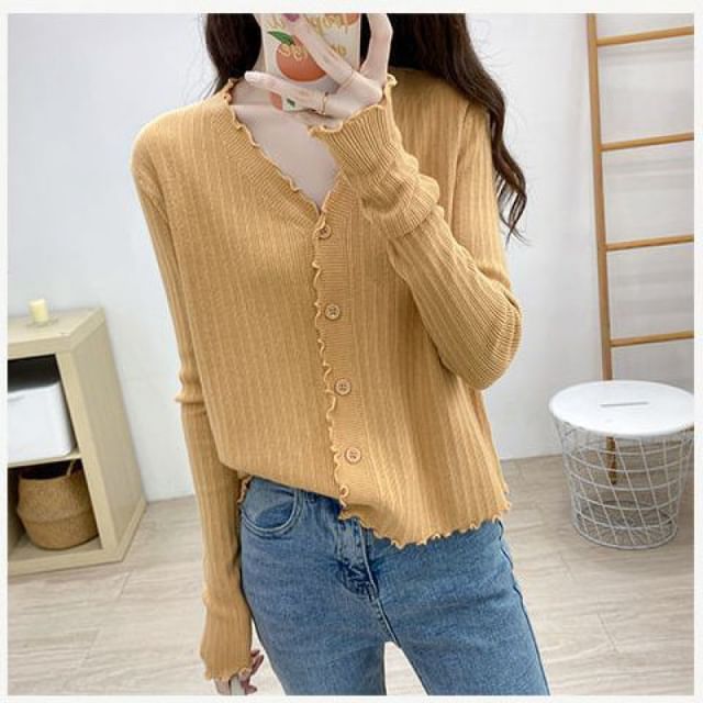 Ribbed V-Neck Cropped Knitted Cardigan