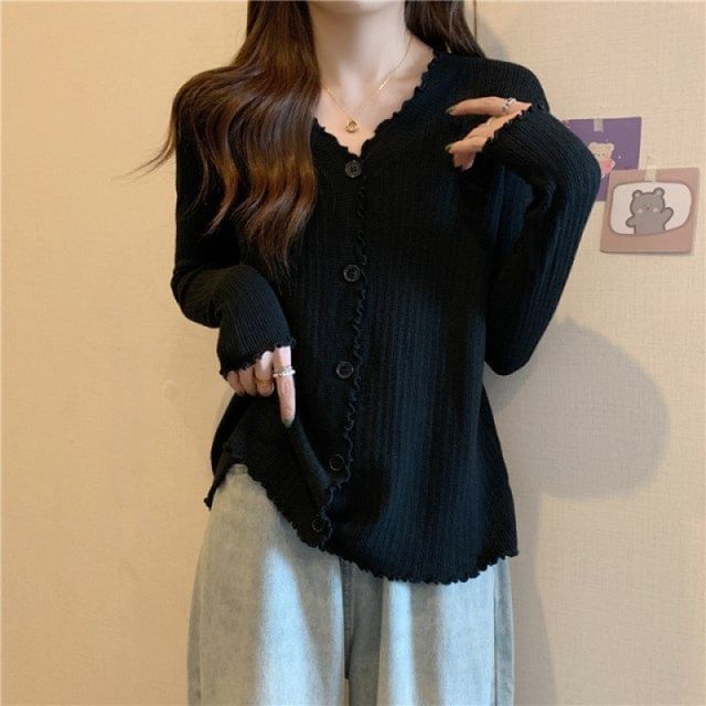 Ribbed V-Neck Cropped Knitted Cardigan