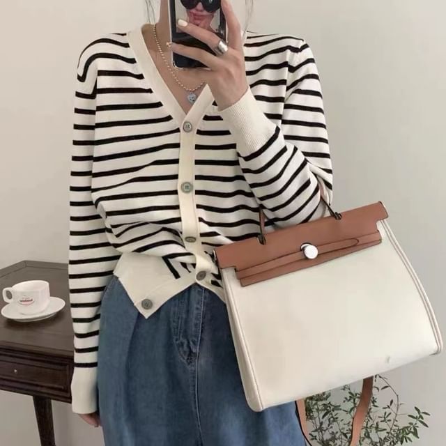 Striped V-Neck Extended Sleeve Button Sweater
