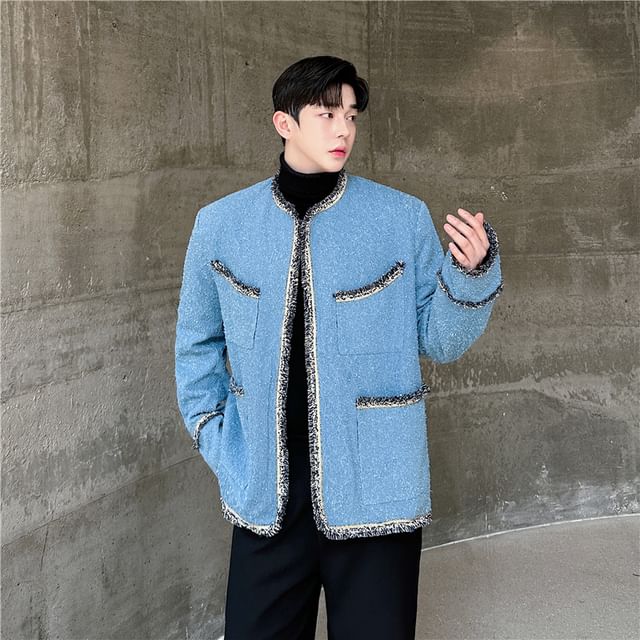 Tweed Trim Button-Up Jacket