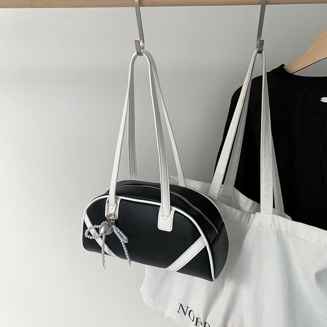 Faux Leather Bag Bowler Striped