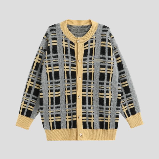 Matching Round Neck Plaid Knit Jacket for Couples