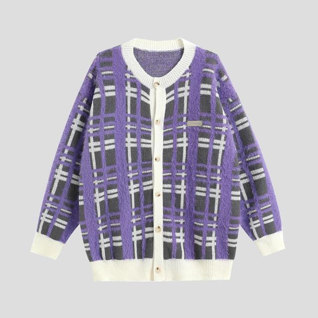 Matching Round Neck Plaid Knit Jacket for Couples