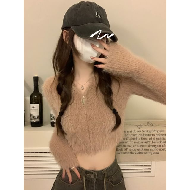 Notch Neck Solid Fluffy Crop Zip Jacket