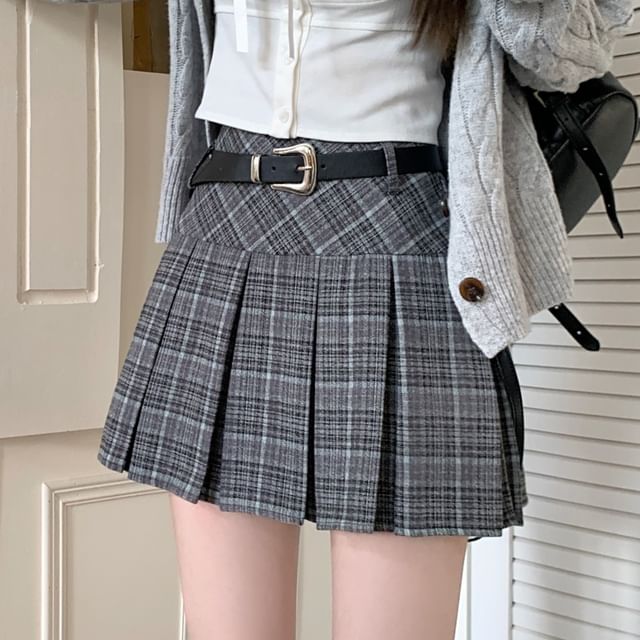 High Rise Plaid Pleated Mini A-Line Skirt