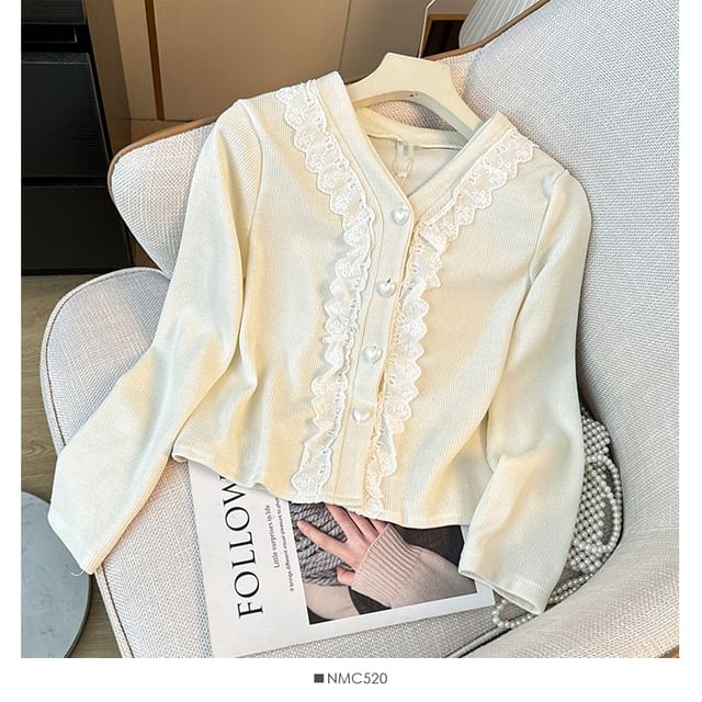 Lace-Trim V-Neck Knit Jacket