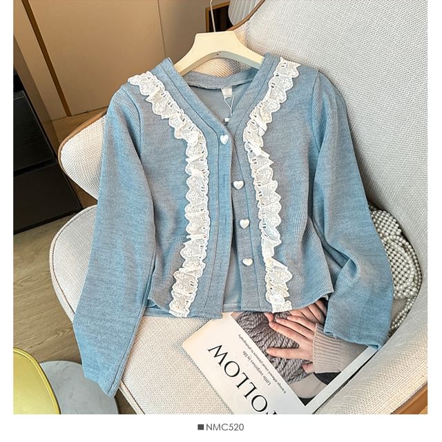 Lace-Trim V-Neck Knit Jacket