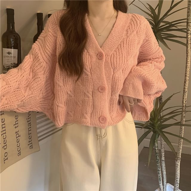 V-Neck Solid Cable Knit Sweater