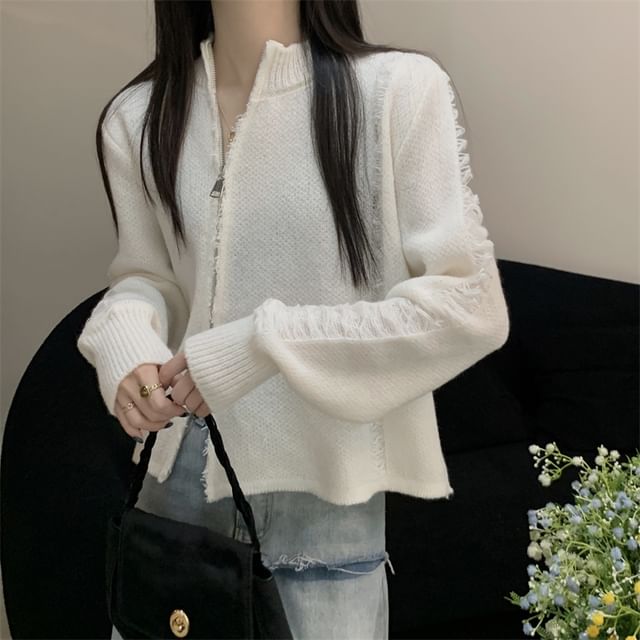 Round Neck Solid Distressed Zip Jacket