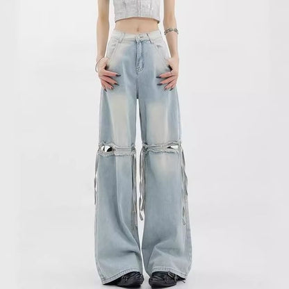 Low Waist Washed Cut-Out Straight-Fit Wide-Leg Jeans