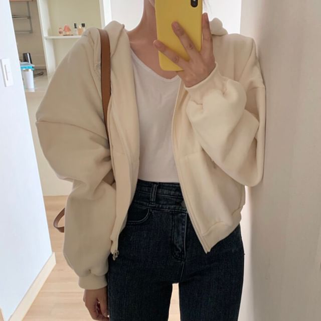 Drop Shoulder Plain Zip Up Cropped Hoodie