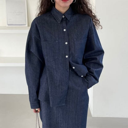 Collared Drop Shoulder Denim Shirt / High Waist Plain Midi A-Line Skirt