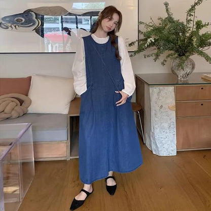 Long-Sleeve Round Neck Plain Blouse / Washed Denim Maxi Dungaree Dress / Crossbody Bag / Set