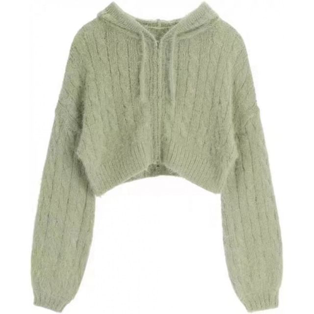 Cropped Cable-Knit Hooded Zipper Cardigan in 6 Colors