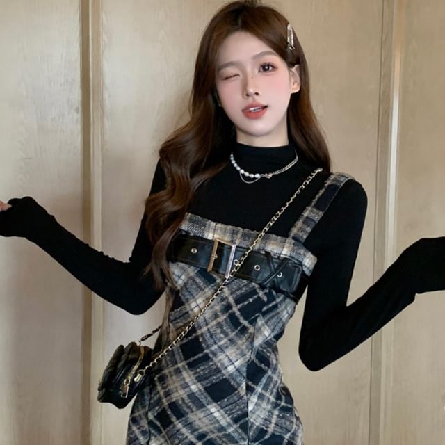 Long-Sleeve Mock Neck Knit Top / Plaid Midi Dungaree Dress / Set